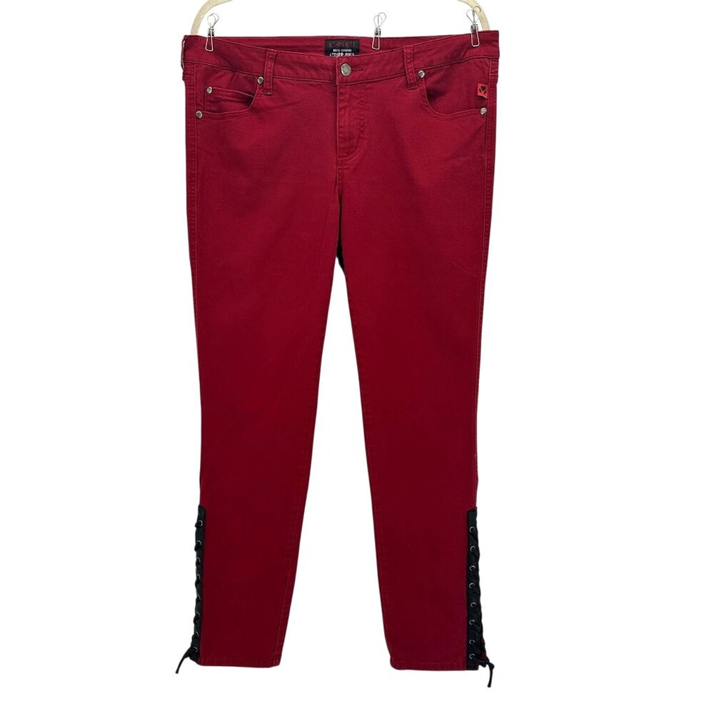 Tripp NYC Women's Skinny Jeans in Deep Burgundy with Black Lace-Up Cuffs